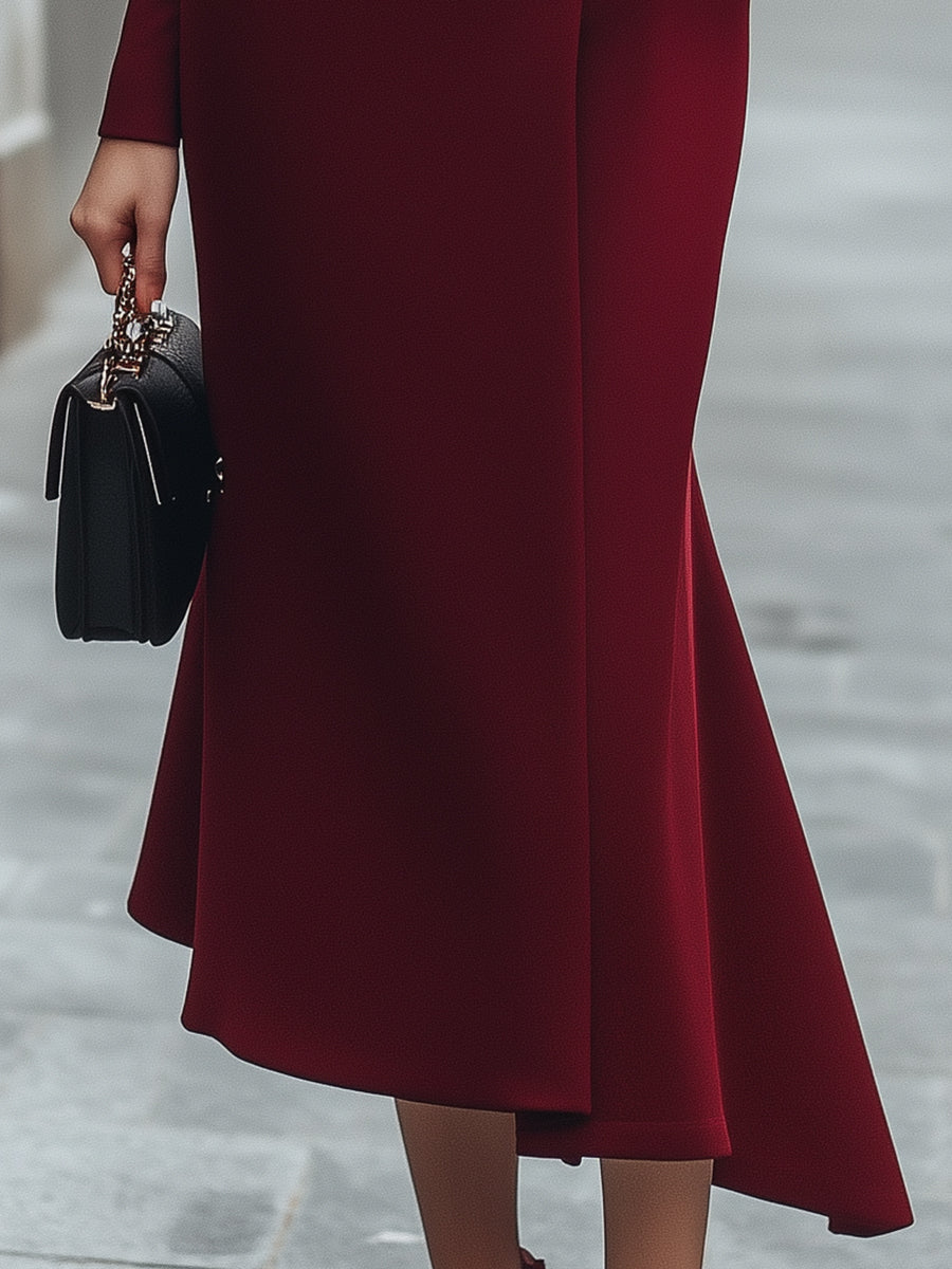 Burgundy Asymmetric Buttoned Long-Sleeve Dress