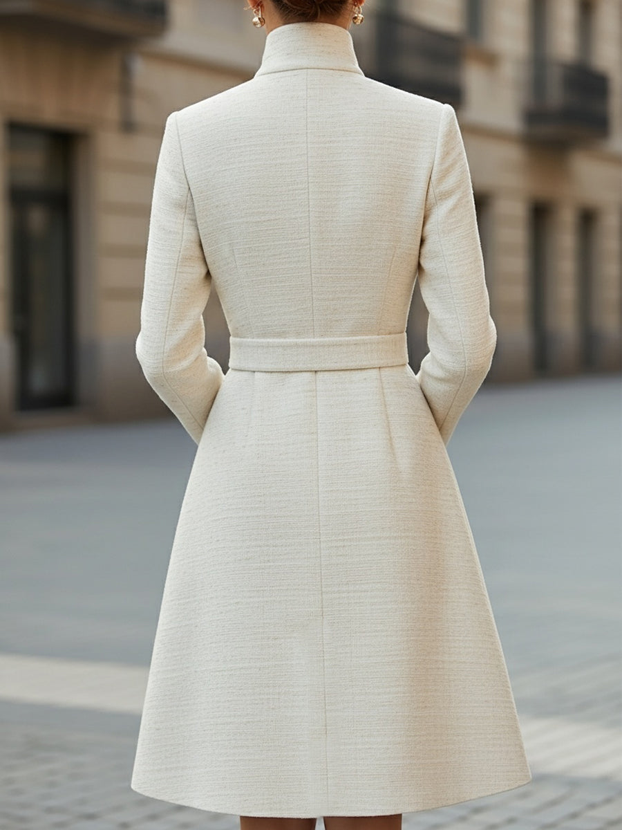 Elegant Belted High-Neck Wool Blend Dress