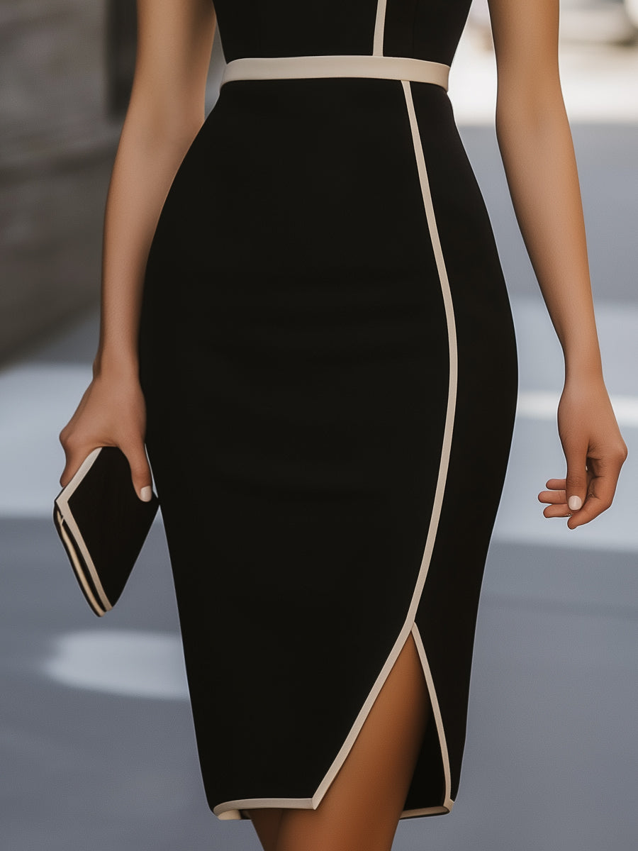 Elegant Accent-Trimmed Midi Dress with Slit
