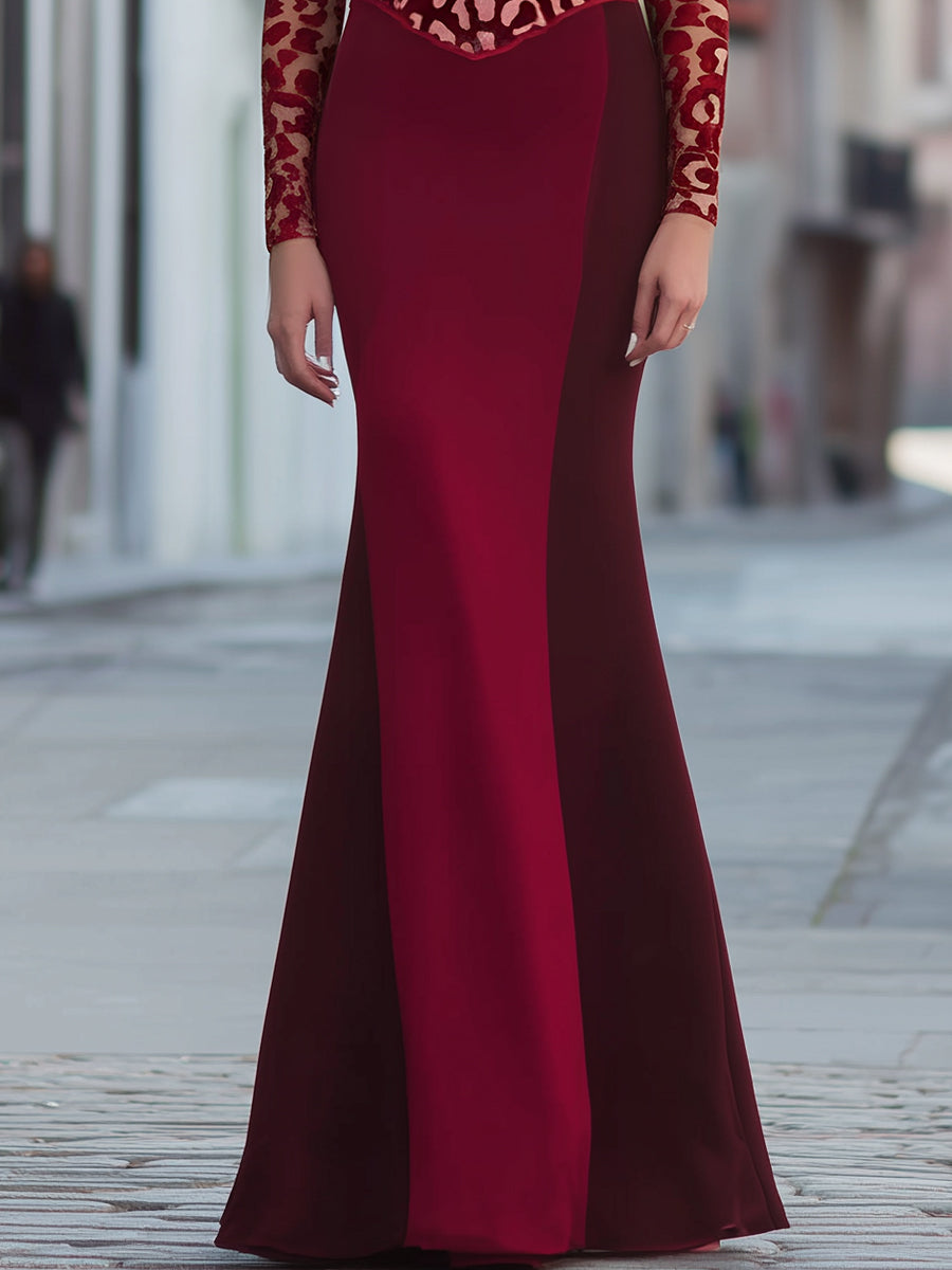 V-Neckline Velvet Leopard Panel Evening Gown