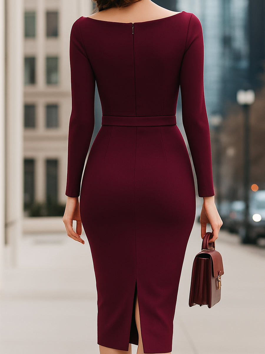 Elegant Wine Red Belted Pencil Midi Dress