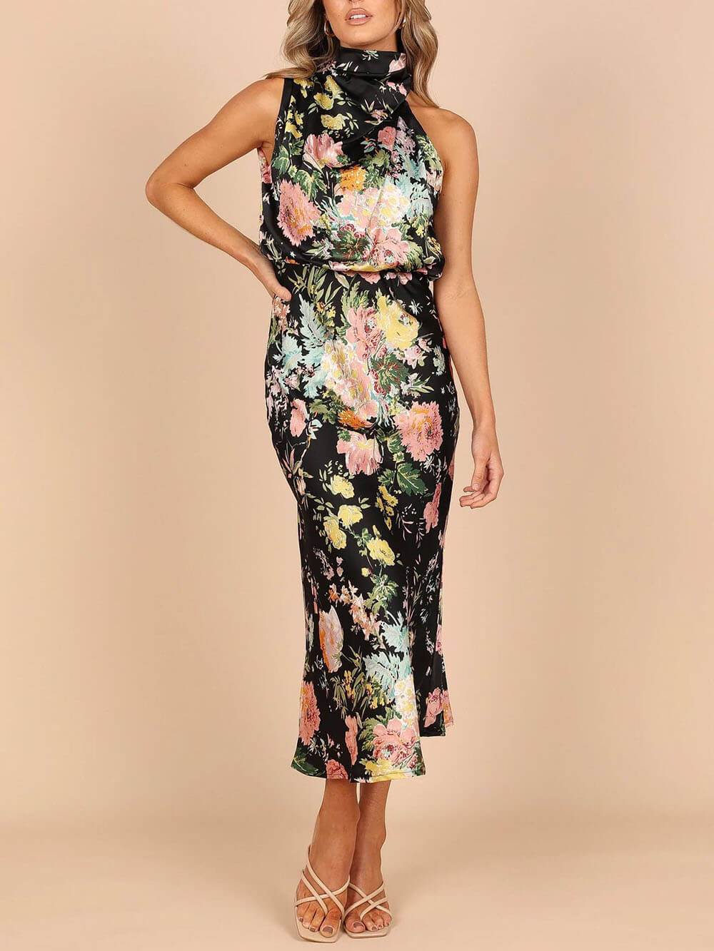 Halter Neck Floral Elastic Waist Maxi Dress