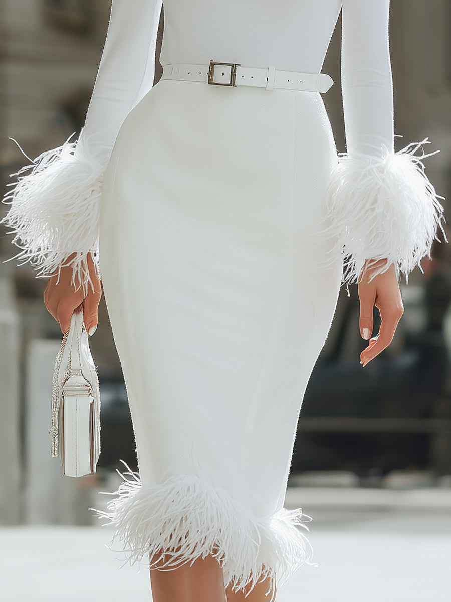 Elegant Feather - Trimmed High Neck Midi Dress