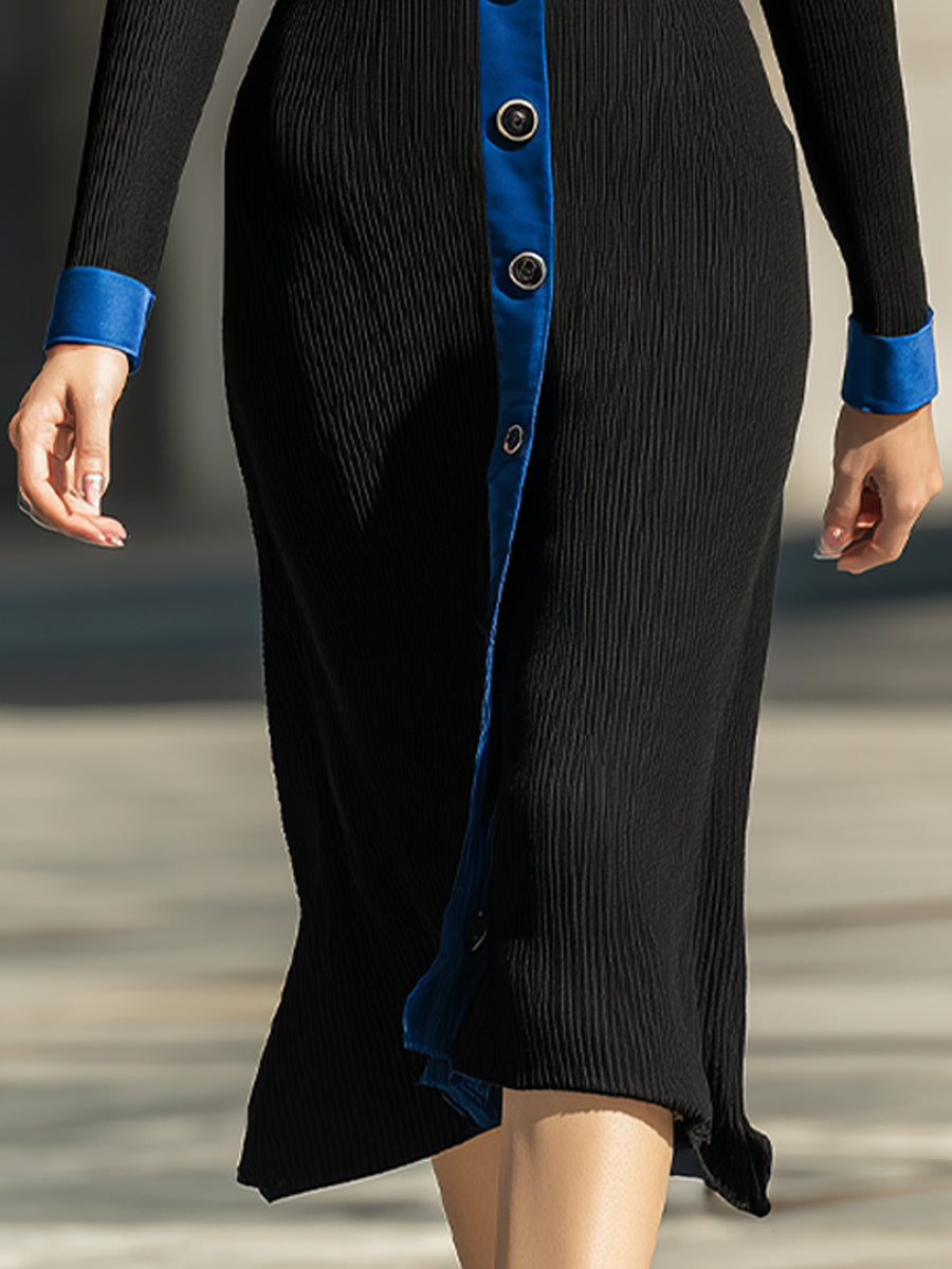 Elegant Black Ribbed Knit Midi Dress With Blue Contrast Collar And Cuffs