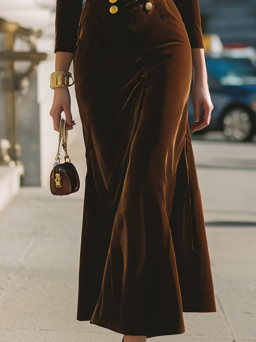 Beckwell Luxurious Brown Velvet Midi Dress