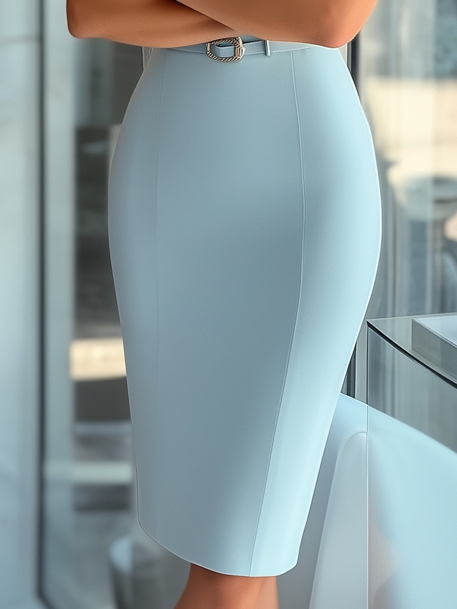 Sleek Sky Blue Asymmetrical Dress with Belt