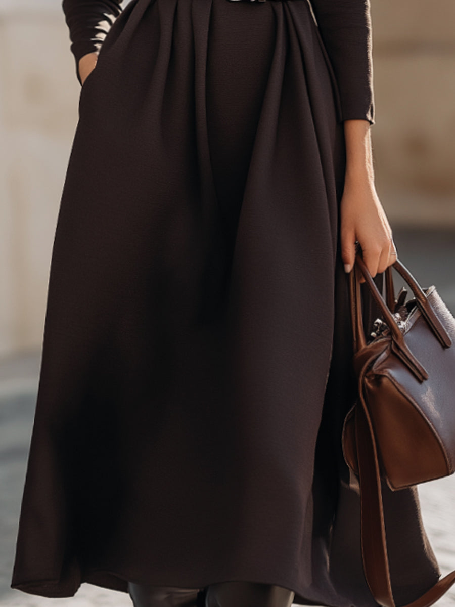 Chocolate Brown Belted Turtleneck Midi Dress