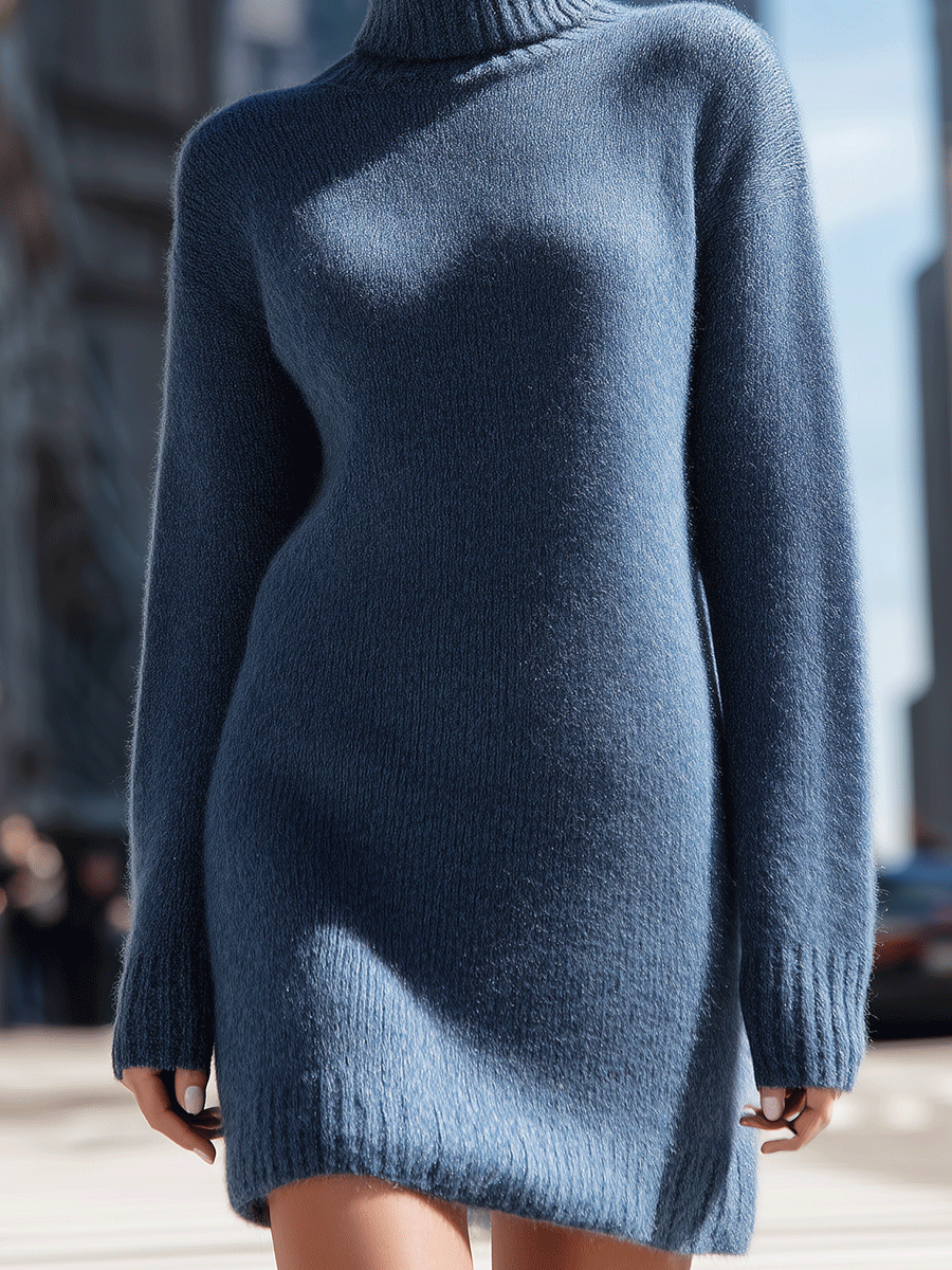 Blue Turtleneck Knit Sweater Dress