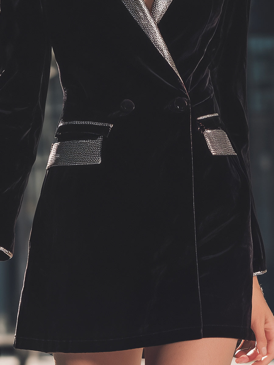 Black Velvet Blazer Mini Dress With Rhinestone Trim
