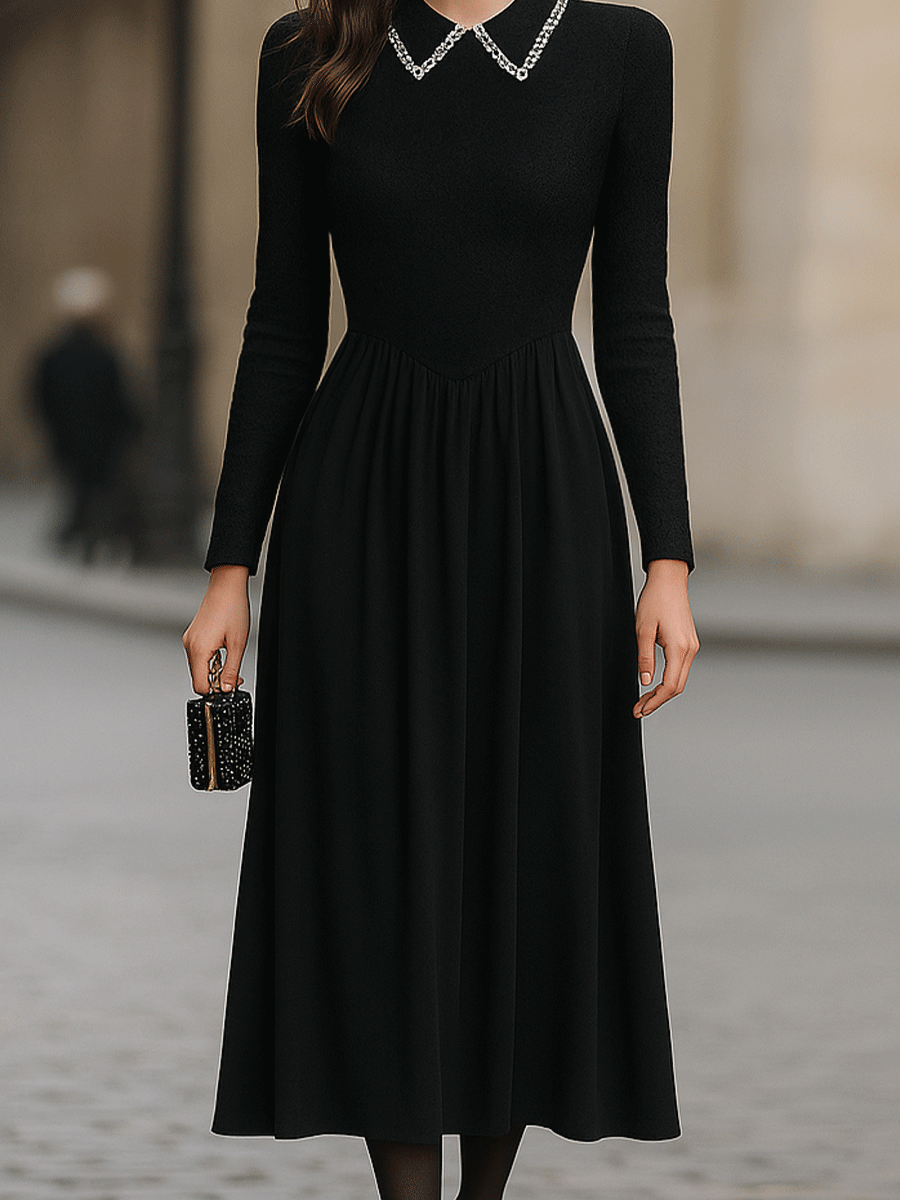Black Long-Sleeve Midi Dress With Embellished Collar