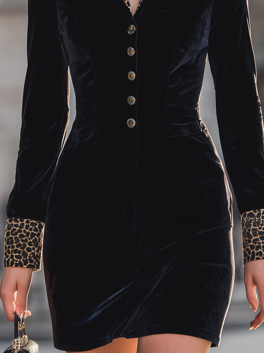 Glamorous Black Velvet Mini Dress With Leopard Accents