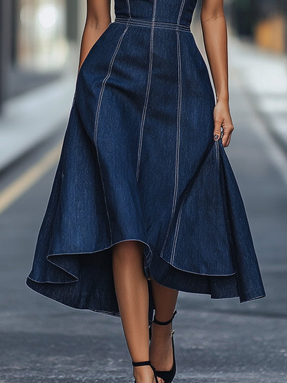 Dark Indigo Sleeveless Denim Midi Dress