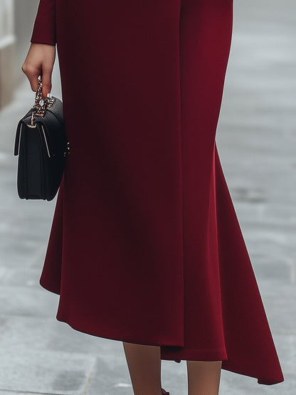 Burgundy Asymmetric Buttoned Long-Sleeve Dress