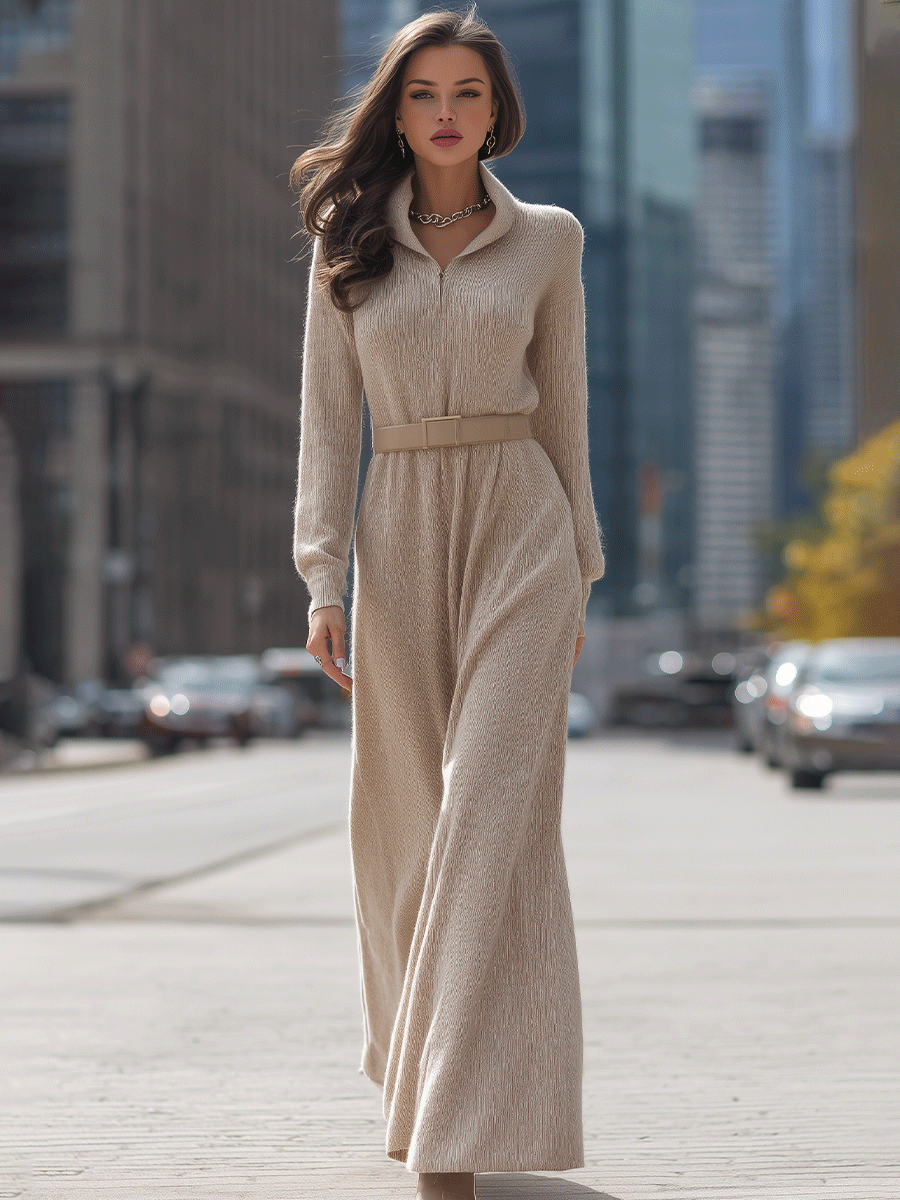 Beige Knit Maxi Dress With Belted Waist