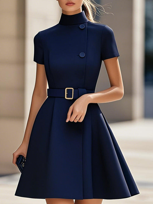 Elegant Black High-Neck Dress with Belted Waist