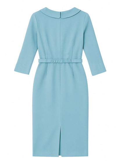 Draped Collar Pencil Midi Dress In Powder Blue