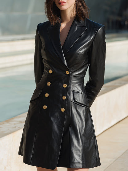Black Double-Breasted Faux Leather Blazer Dress
