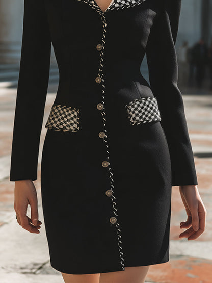 Elegant Plain Mini Dress With Houndstooth Accents