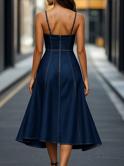 Dark Indigo Sleeveless Denim Midi Dress