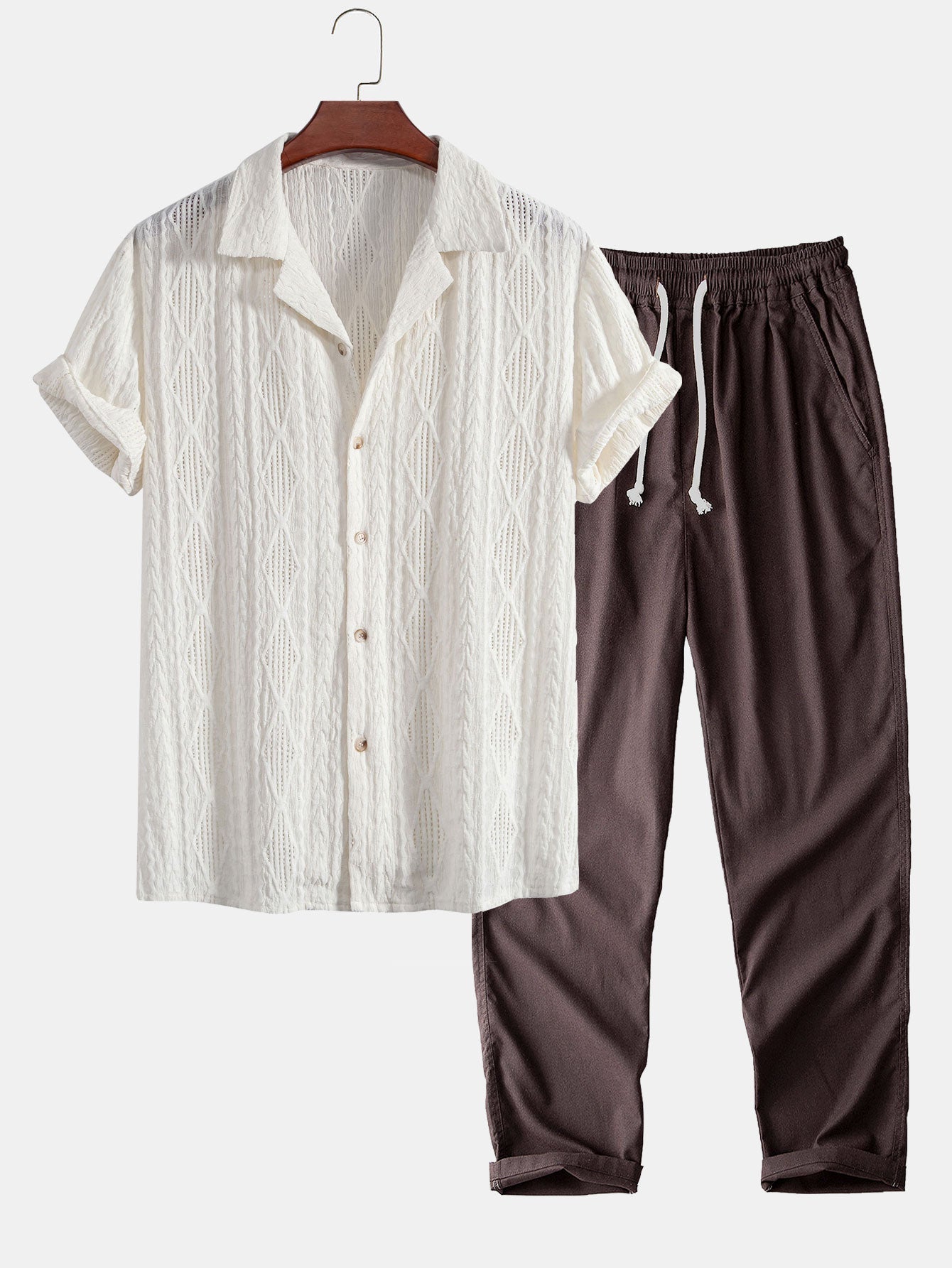 Geometric Jacquard Eyelet Cuban Shirt & Straight Leg Linen Pants