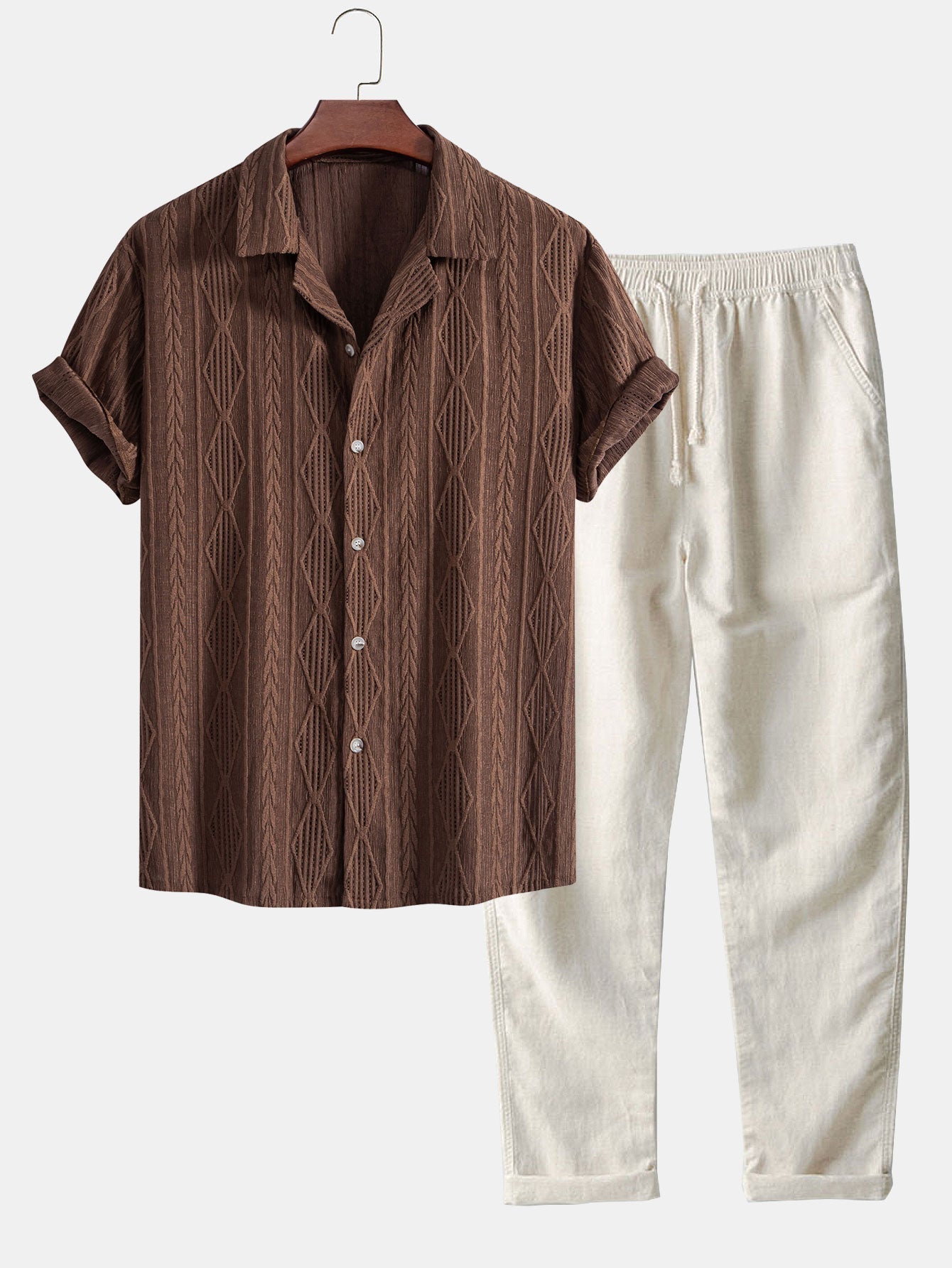 Geometric Jacquard Eyelet Cuban Shirt & Straight Leg Linen Pants