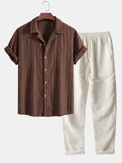 Geometric Jacquard Eyelet Cuban Shirt & Straight Leg Linen Pants