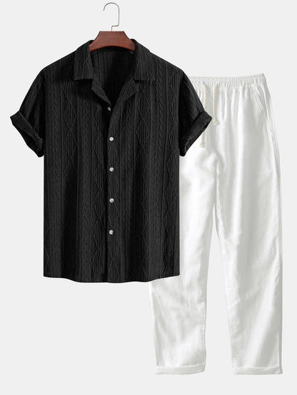 Geometric Jacquard Eyelet Cuban Shirt & Straight Leg Linen Pants