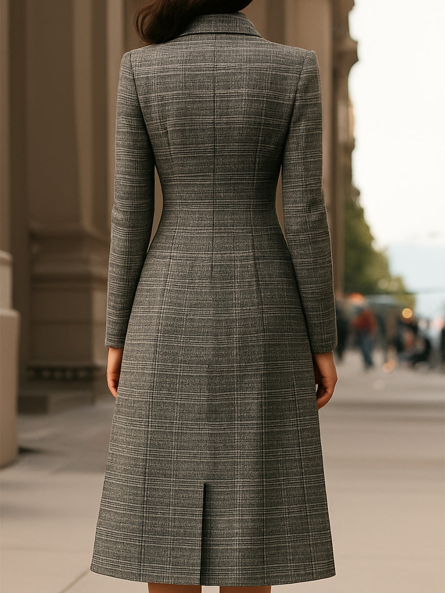 Elegant Plaid Asymmetric Button - Front Midi Dress