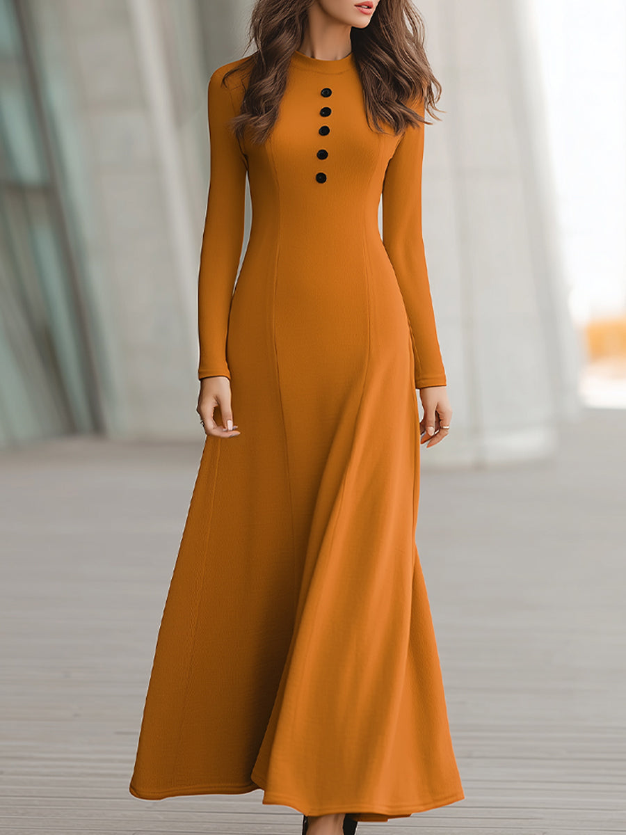 Elegant Orange Long Sleeve A-Line Maxi Dress With Button Detail