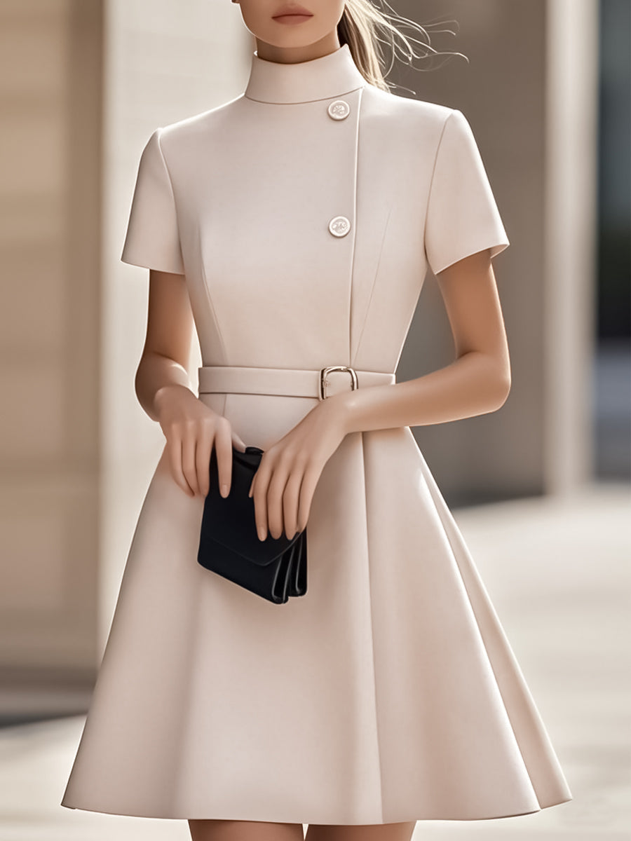 Elegant Black High-Neck Dress with Belted Waist