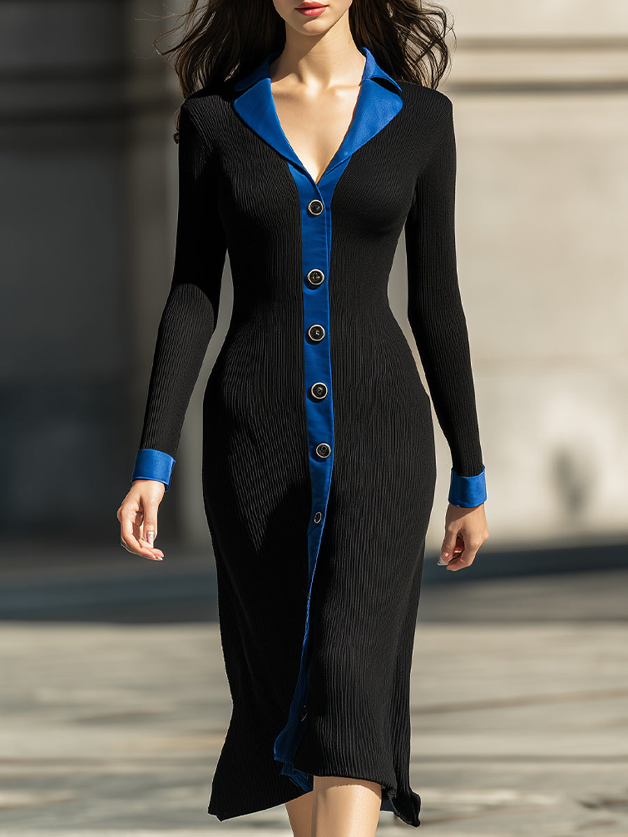Elegant Black Ribbed Knit Midi Dress With Blue Contrast Collar And Cuffs
