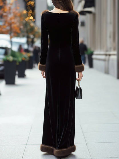 Luxurious Black Velvet Gown With Faux Fur Trim