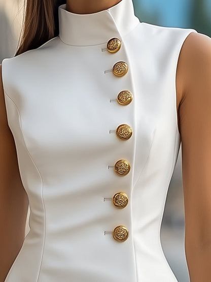 Golden Buttons Satin Sheath Dress with High Collar
