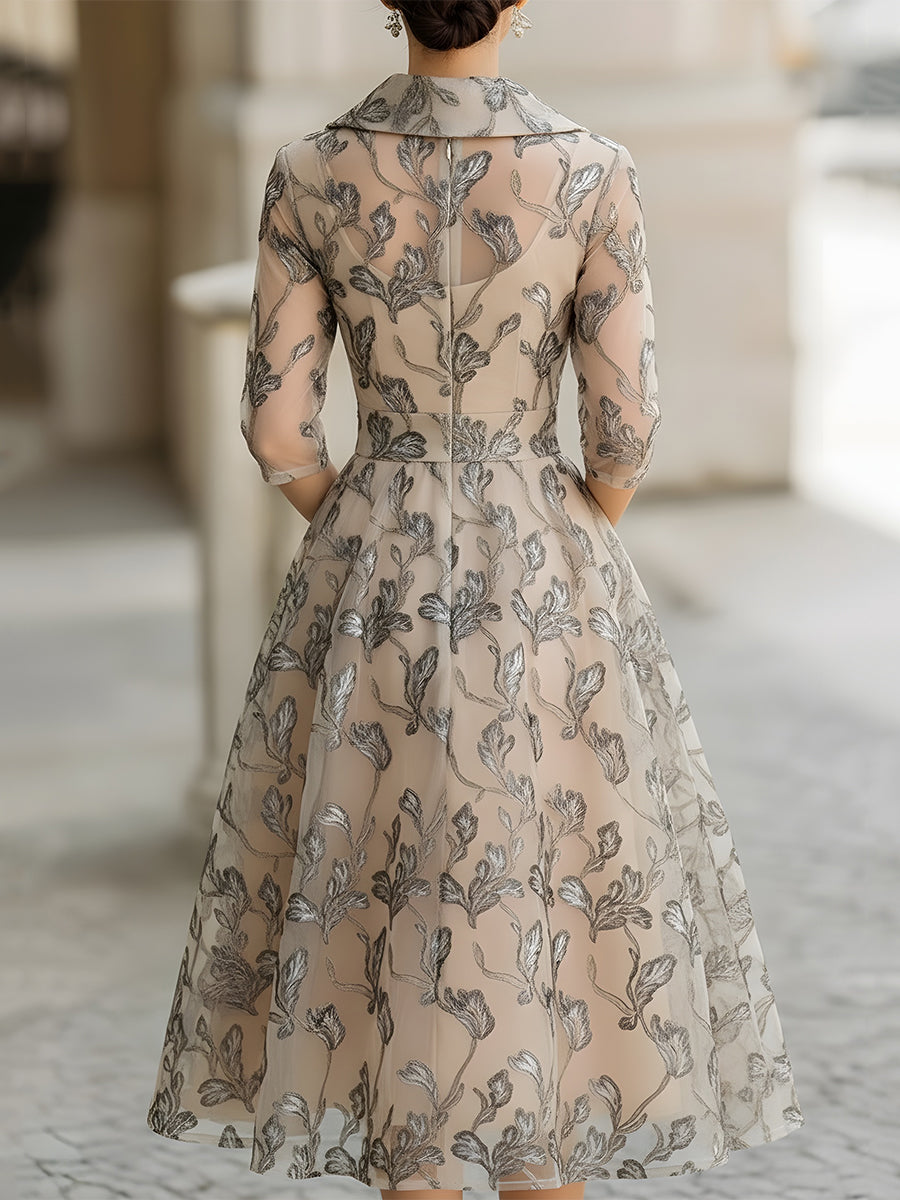 Beckwell Embroidered Mesh Midi Dress With Metallic Leaf Motif