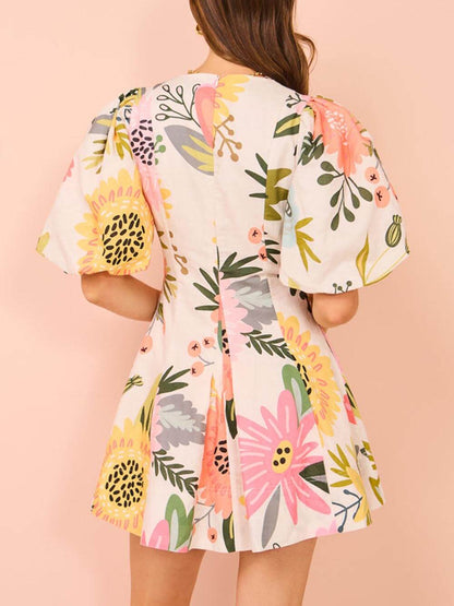 Puff Sleeve Floral Print Pocketed Mini Dress