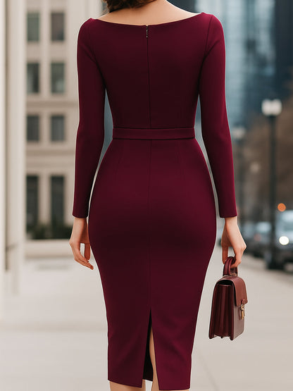 Elegant Wine Red Belted Pencil Midi Dress