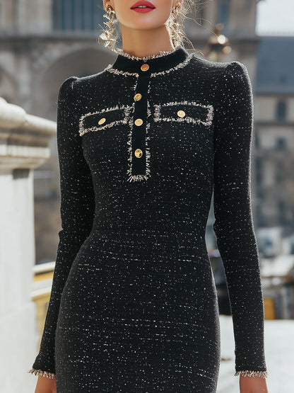 Frayed Trim Accents Tweed Mini Dress With Gold Buttons