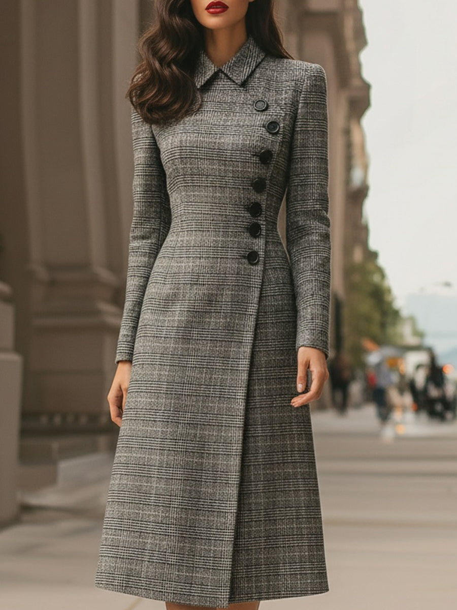 Elegant Plaid Asymmetric Button - Front Midi Dress