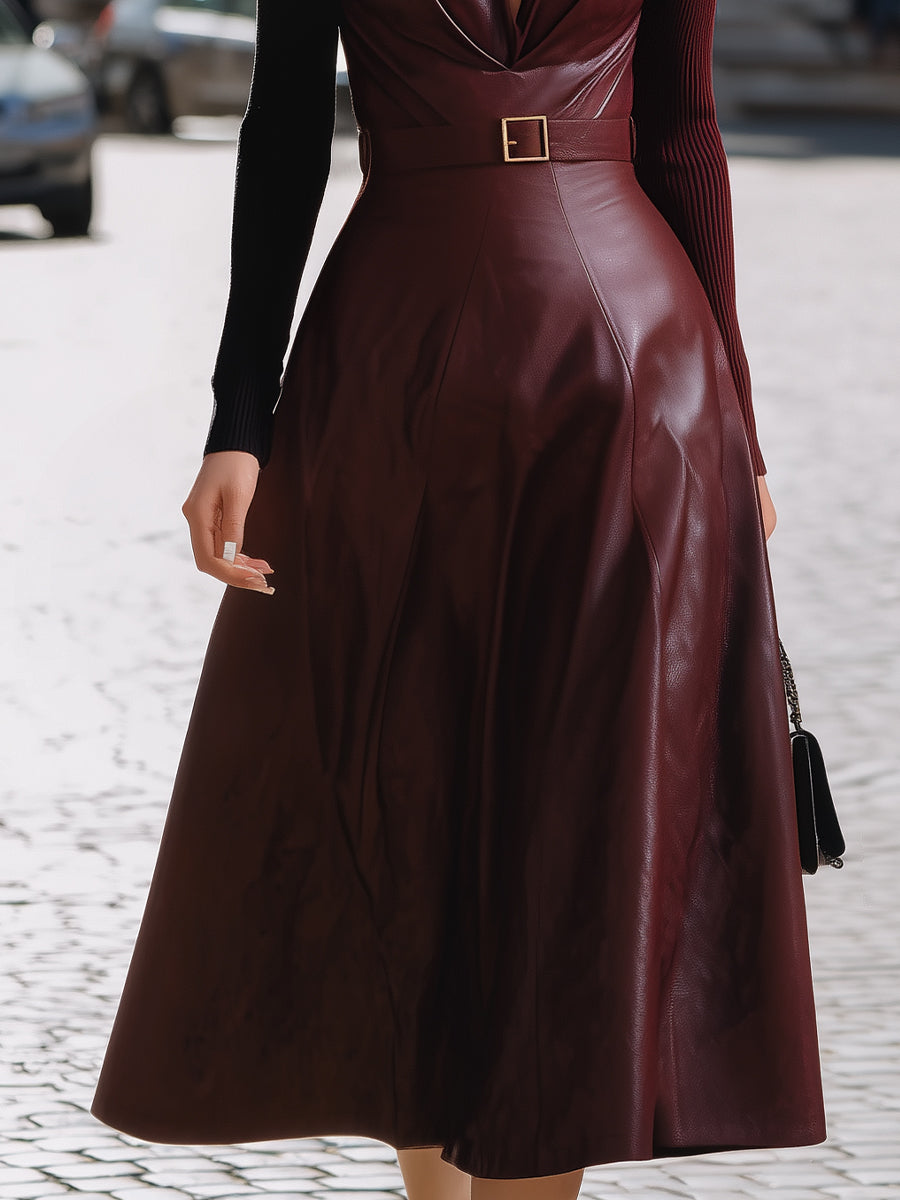 Stylish Burgundy Faux Leather Midi Dress With Belted Waist