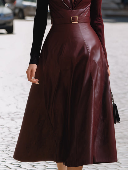Stylish Burgundy Faux Leather Midi Dress With Belted Waist