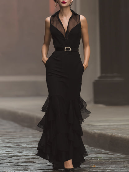 Modern Elegance Sleeveless Black Maxi Dress With Statement Waist Belt