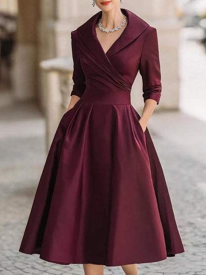 Vintage-Inspired Satin Midi Dress With Draped Collar