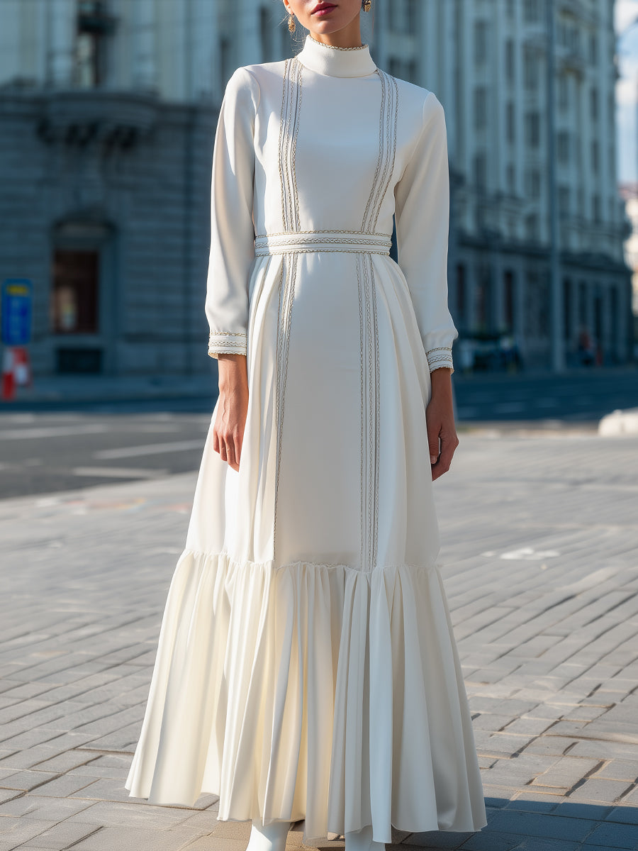 High-Neck Decorative Trim Maxi Dress