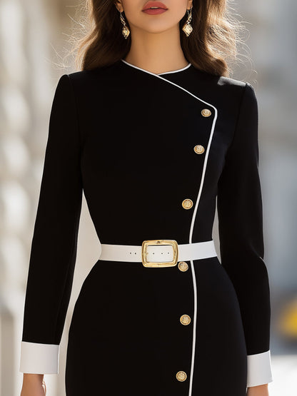Asymmetrical Buttoned Midi Dress With Contrast Trim