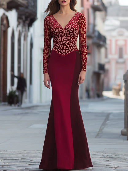 V-Neckline Velvet Leopard Panel Evening Gown