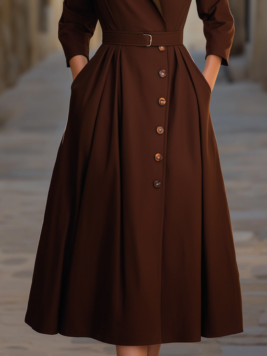 Contrast Lapel Collar Long-Sleeve Belted Midi Shirt Dress