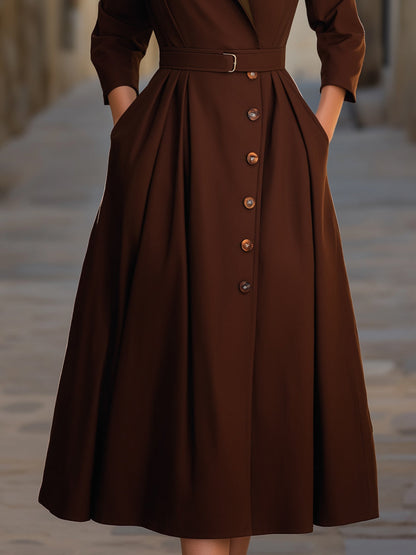 Contrast Lapel Collar Long-Sleeve Belted Midi Shirt Dress