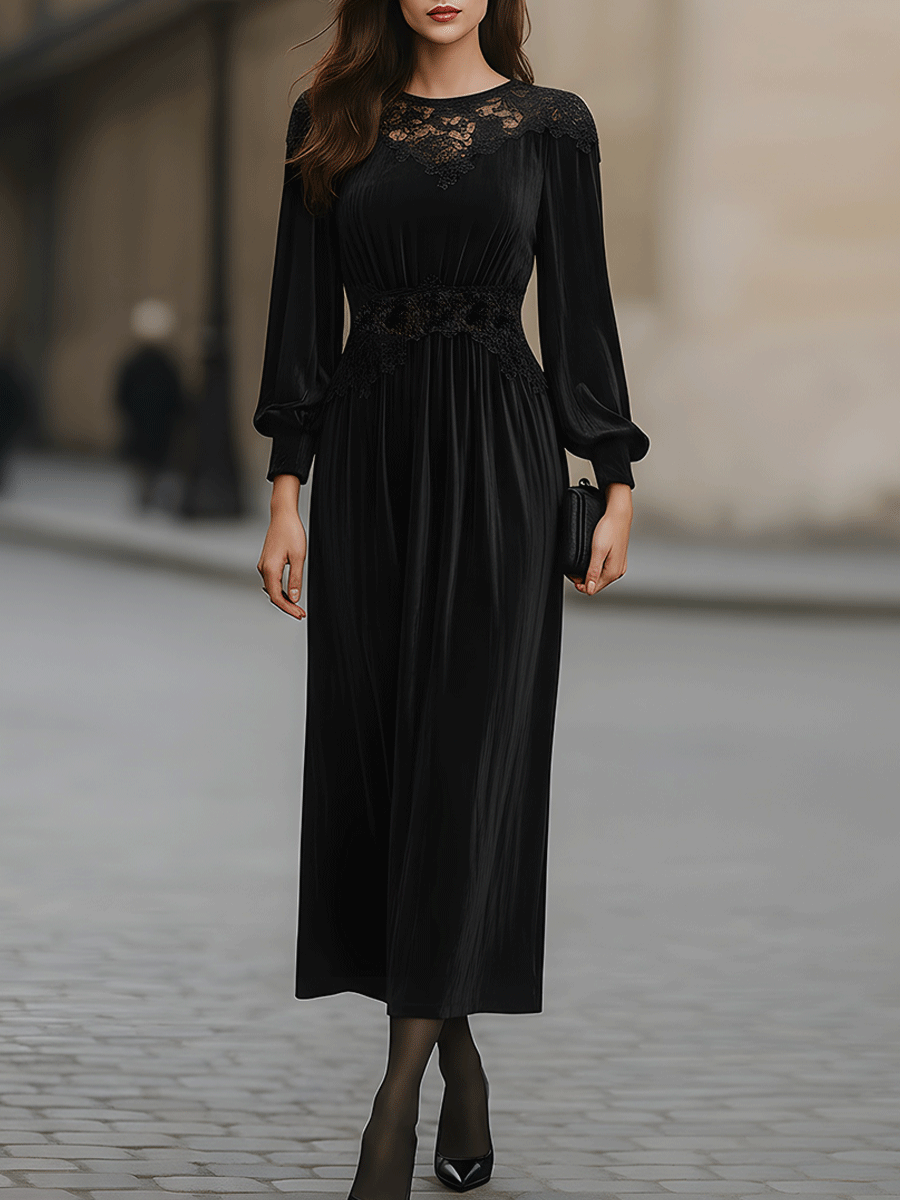 Black Long-Sleeve Lace Panel Midi Dress