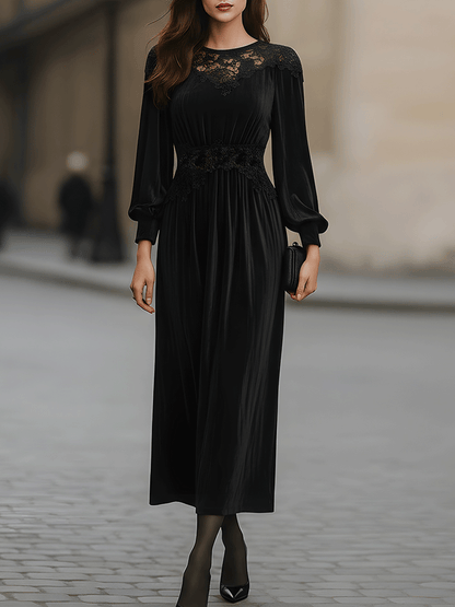 Black Long-Sleeve Lace Panel Midi Dress