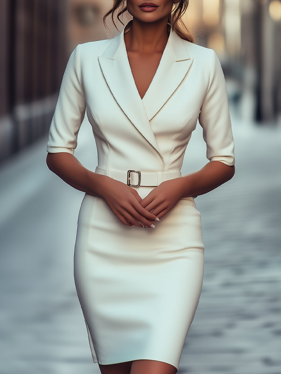 Sophisticated White Tailored Blazer Dress with Belt